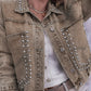 Khaki women's denim jacket with decorative rivets and long sleeves, polyester fabric, regular fit.