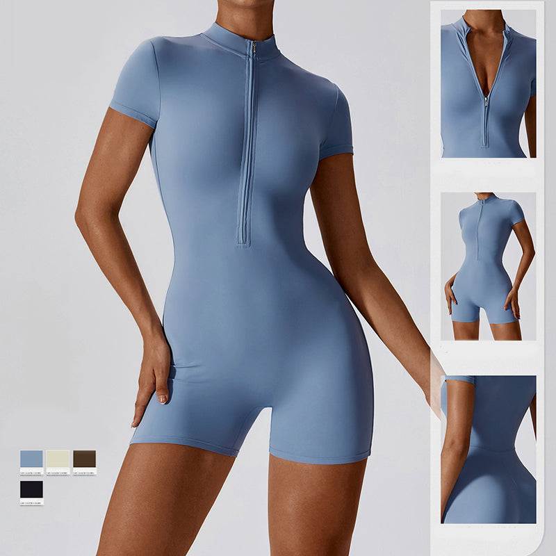 Blue zipper short sleeve yoga jumpsuit for women, tight fit, pullover style, moisture-wicking fabric