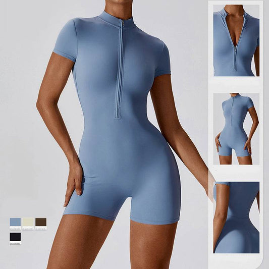 Blue zipper short sleeve yoga jumpsuit for women, tight fit, pullover style, moisture-wicking fabric