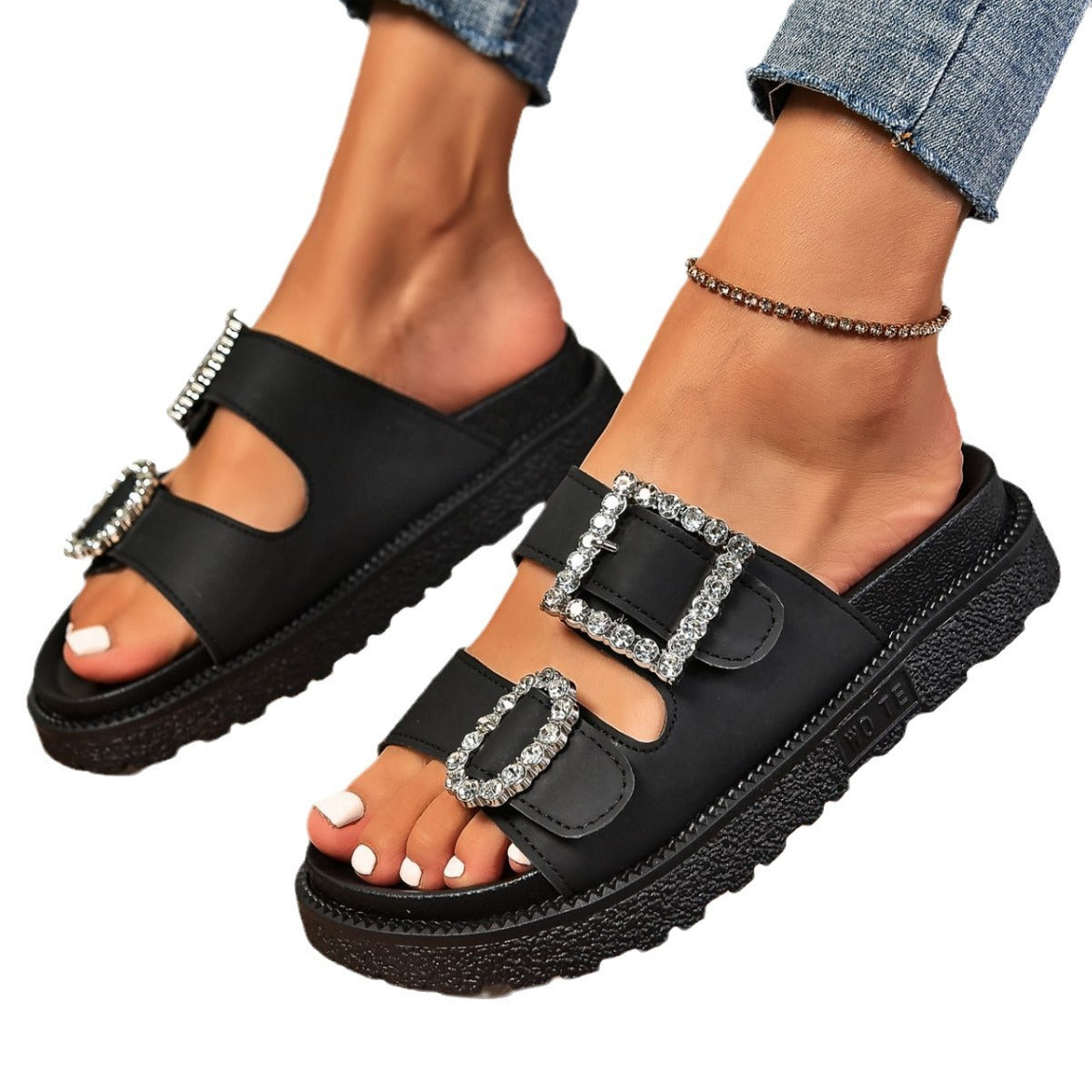Black platform sandals with fashion rhinestone belt buckles and round toe design