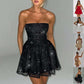 Black tube top lace dress with back bow-knot and off-neck short skirt, summer fashion mesh stitching style