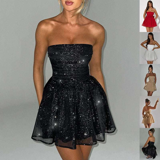 Black tube top lace dress with back bow-knot and off-neck short skirt, summer fashion mesh stitching style