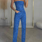Blue shiny vest diamond trousers suit with sequin details and regular sleeves