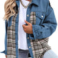 Denim jacket long sleeve plaid button down shirt with collage stitching and lapel collar in blue and plaid cotton fabric