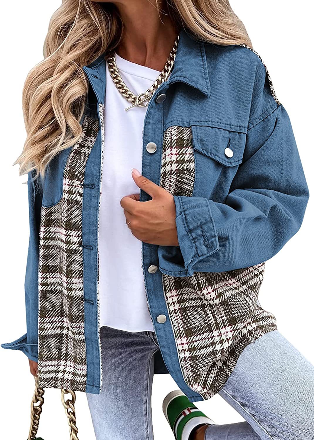 Denim jacket long sleeve plaid button down shirt with collage stitching and lapel collar in blue and plaid cotton fabric