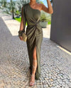 Women's army green diagonal shoulder knot slim fit long dress with bow and sleeveless design