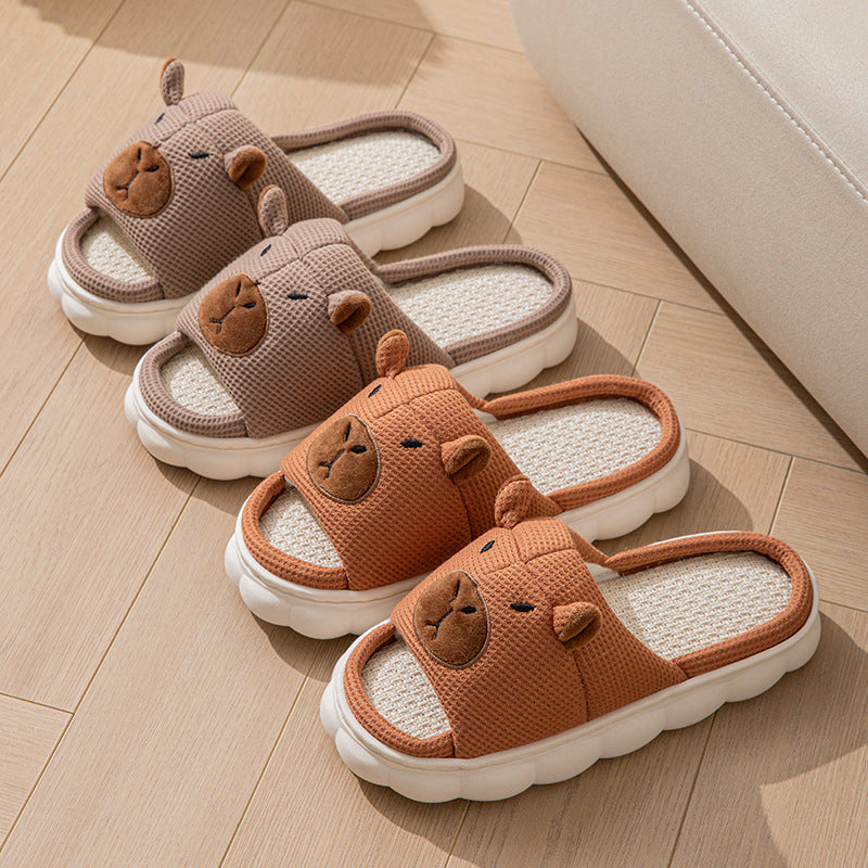 Open toe couple indoor linen slippers with non-slip PVC sole in light and dark coffee colors