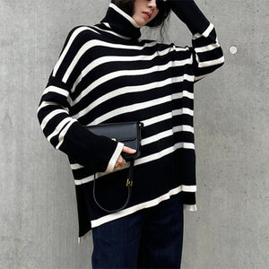 Fashion Striped Turtleneck Sweater Casual Loose Slit Design Sweater Winter Tops Womens Clothing