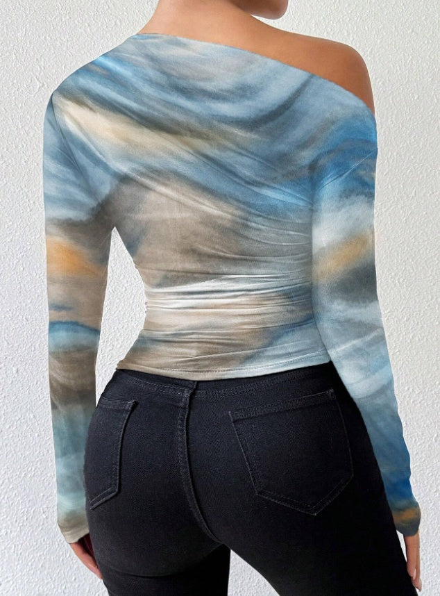 Women’s apricot print long sleeve t-shirt with asymmetrical neckline and ruched slim fit design