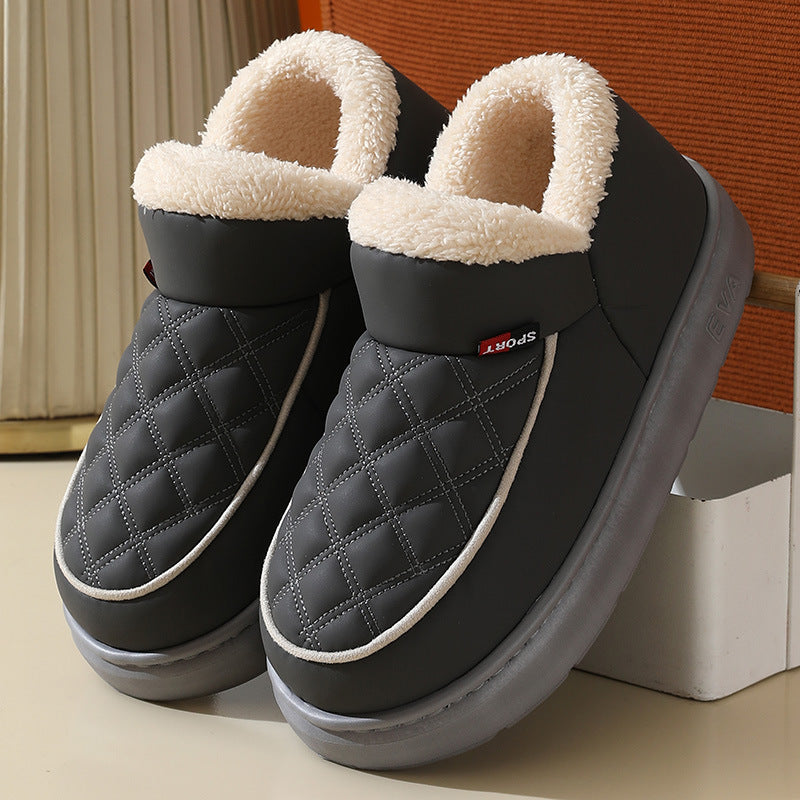 Black winter plush cotton shoes with thick rubber sole and soft fur lining for indoor and outdoor use