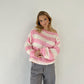 Loose striped pullover sweater in pink and white, knitted long-sleeve top for women, casual and comfortable fashion clothing