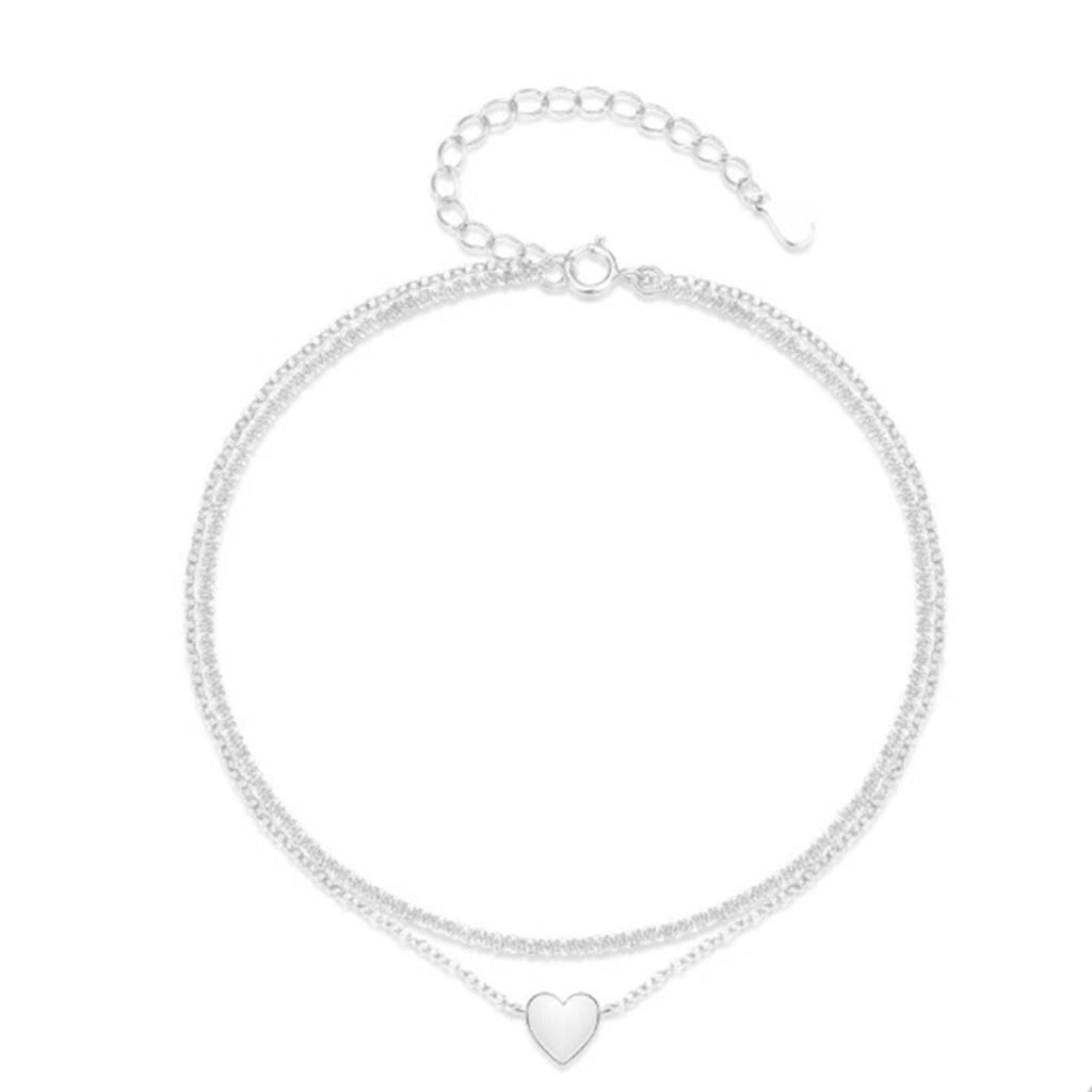 Silver beach anklet with double-layer chains and heart charm