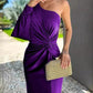 Women's diagonal shoulder knot split slim fit purple dress with one sleeve and side slit