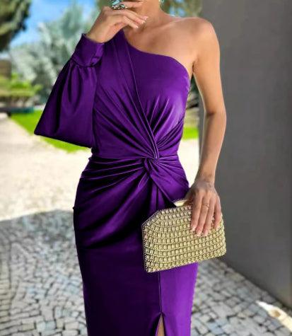 Women's diagonal shoulder knot split slim fit purple dress with one sleeve and side slit