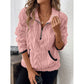 Women’s pink plush sweater with contrast color half-open collar and long sleeves