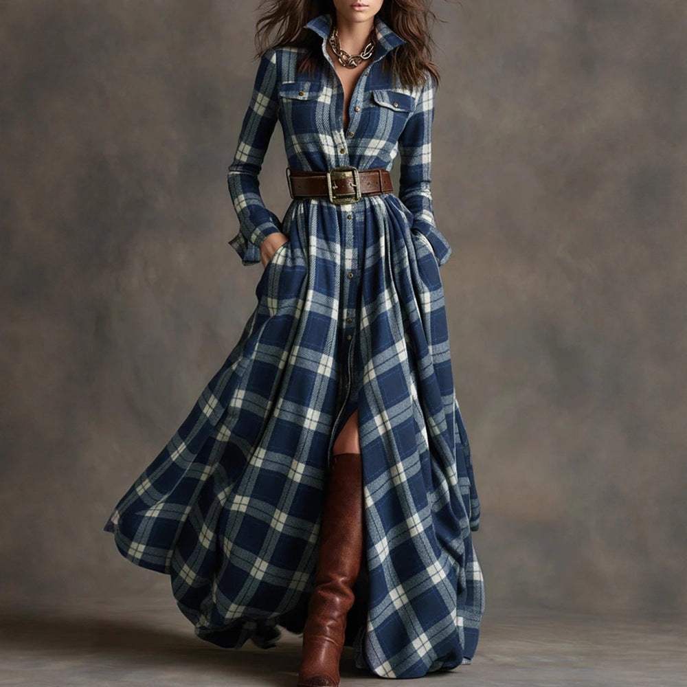 Large size women's French retro grid slim irregular plaid dress with mid waist and long sleeves