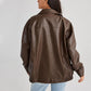 Brown PU leather women's locomotive style coat with long sleeves, back view