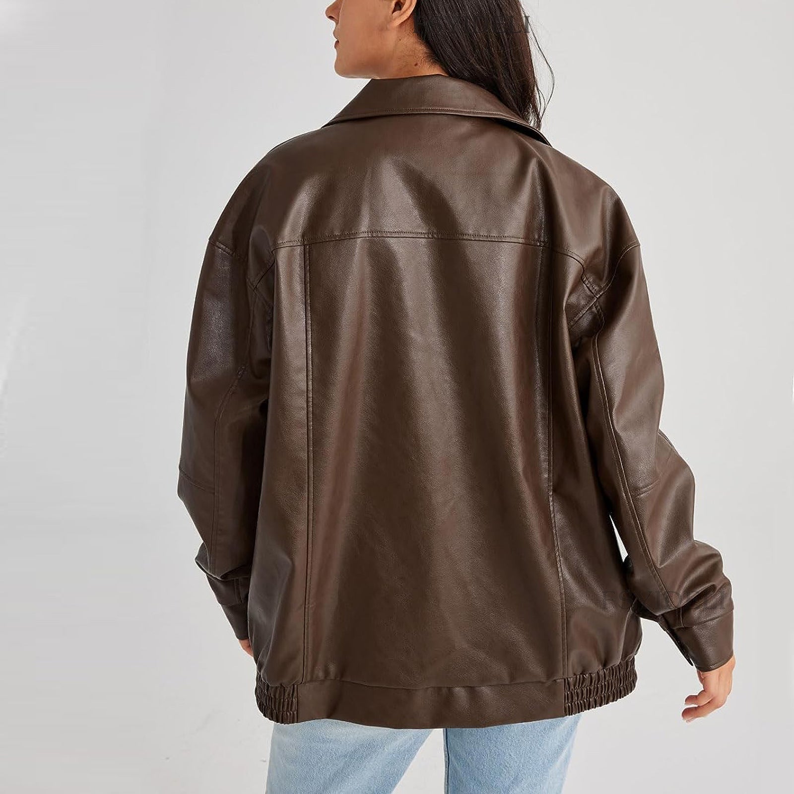 Brown PU leather women's locomotive style coat with long sleeves, back view