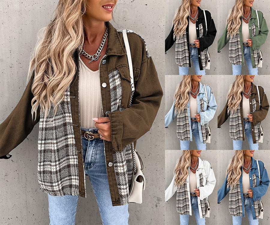 Denim jacket long sleeve plaid button down shirt in multiple colors worn by woman with long blonde hair and blue jeans