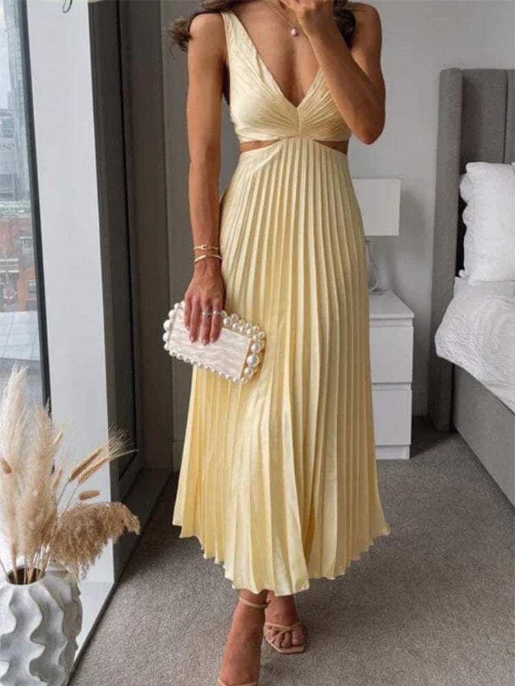 Ins suspender pleated long dress with hollow-waisted design in yellow, sleeveless and backless summer women's fashion clothing