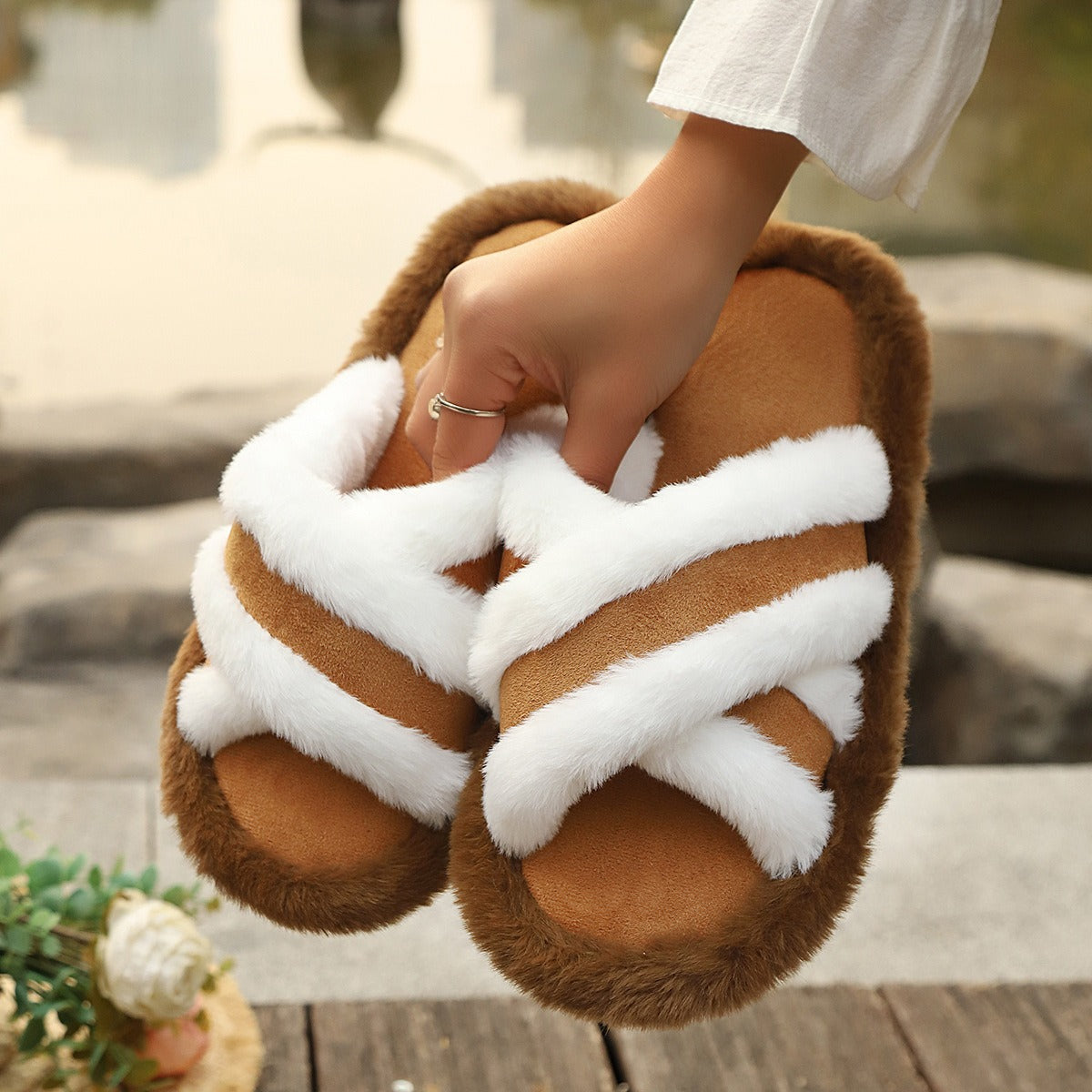 Brown fluffy slippers with white cross straps, plush warm platform design for casual wear