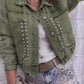 Khaki women's decorative rivets denim jacket with long regular sleeves and button front closure