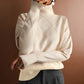 Loose high collar thick knitted sweater for women in beige solid color with 3D pattern and casual style