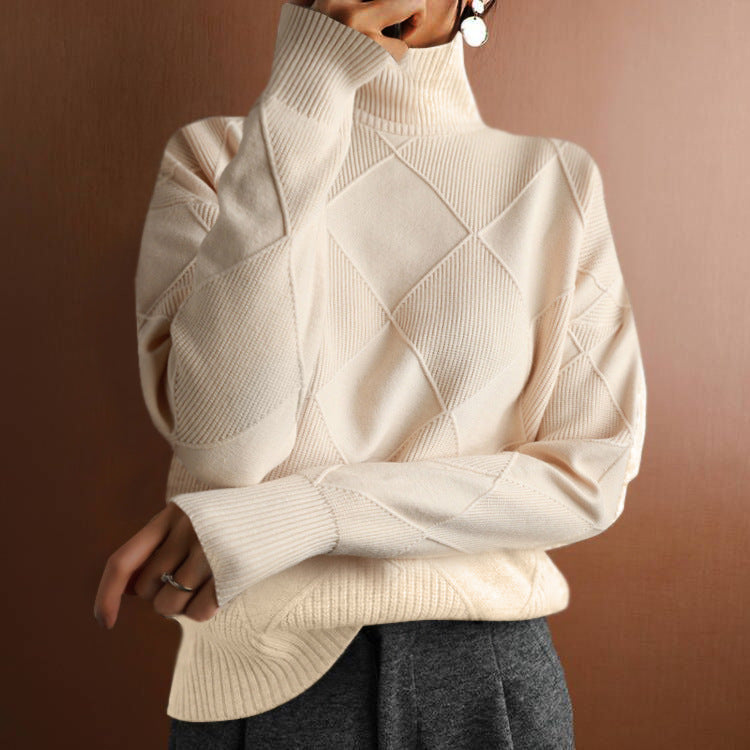 Loose high collar thick knitted sweater for women in beige solid color with 3D pattern and casual style