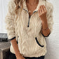Women's plush sweater with contrast color half-open collar and long sleeves in beige