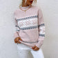 Woman wearing pink winter snowflake sweater with half turtleneck and jacquard design