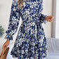 Standing collar floral print long sleeve ruffled A-line dress with elastic waist in dark blue