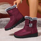 Plus size women's maroon snow boots with fur trim and buckle closure, flat heel, warm and wear-resistant design