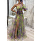 Mesh tie-dye printed off-shoulder slit long dress with floral pattern and one long sheer sleeve