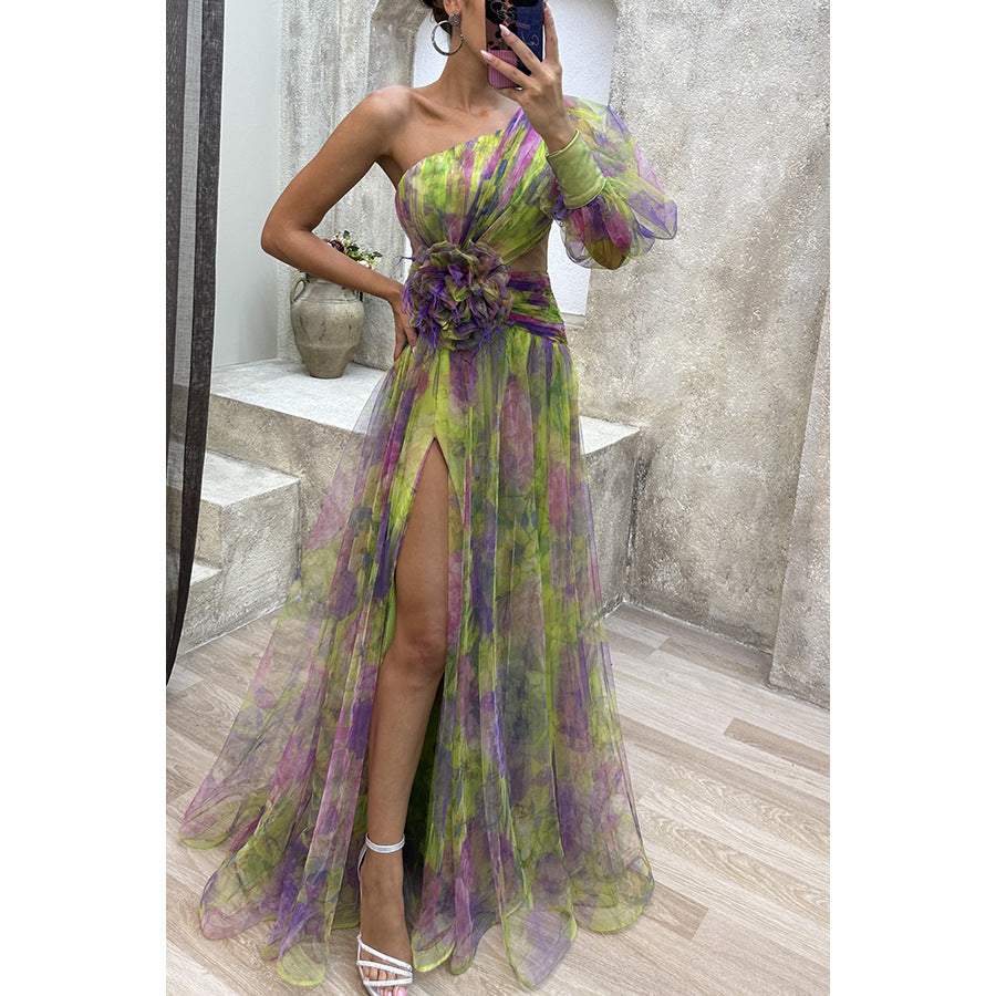 Mesh tie-dye printed off-shoulder slit long dress with floral pattern and one long sheer sleeve