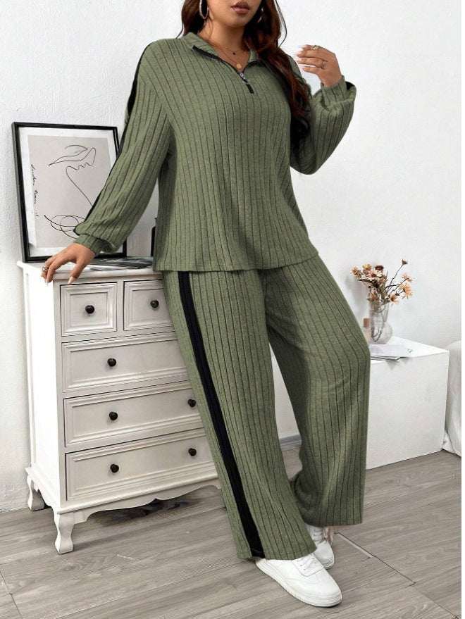 Casual suit women's sweater and wide leg pants two-piece set in khaki polyester with batwing sleeves and zipper collar