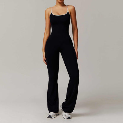 Solid Beauty-back black slim fit jumpsuit for women with breathable nylon fabric, ideal for yoga, fitness, running, and dance.