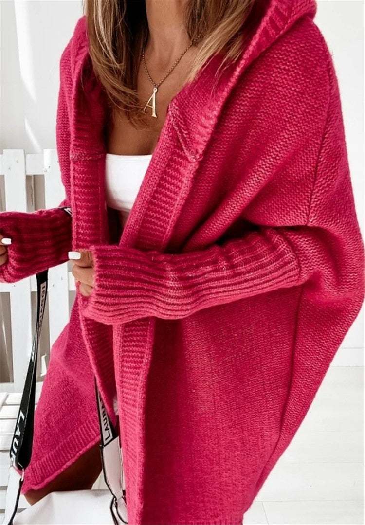 Women’s bat sleeve hooded cardigan oversized loose knit sweater in pink