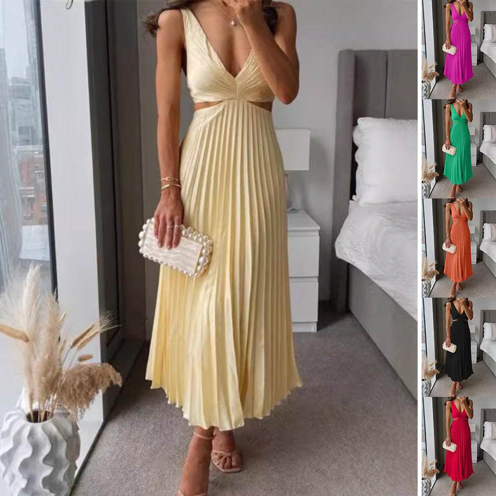 Ins Suspender Pleated Long Dress with hollow-waisted design, V-neck, backless, sleeveless summer women's dress in multiple colors