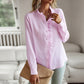 Pink striped long sleeve shirt with ruffle button-up design for women, casual office blouse elegant commuting top