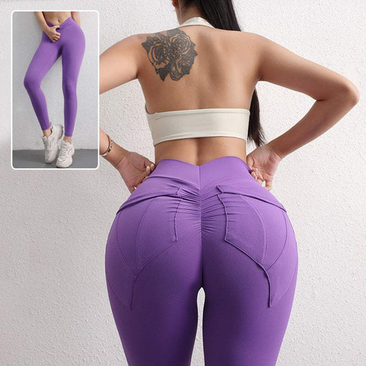 Purple high waist hip lift yoga leggings for women with pockets, perfect for sports and fitness.