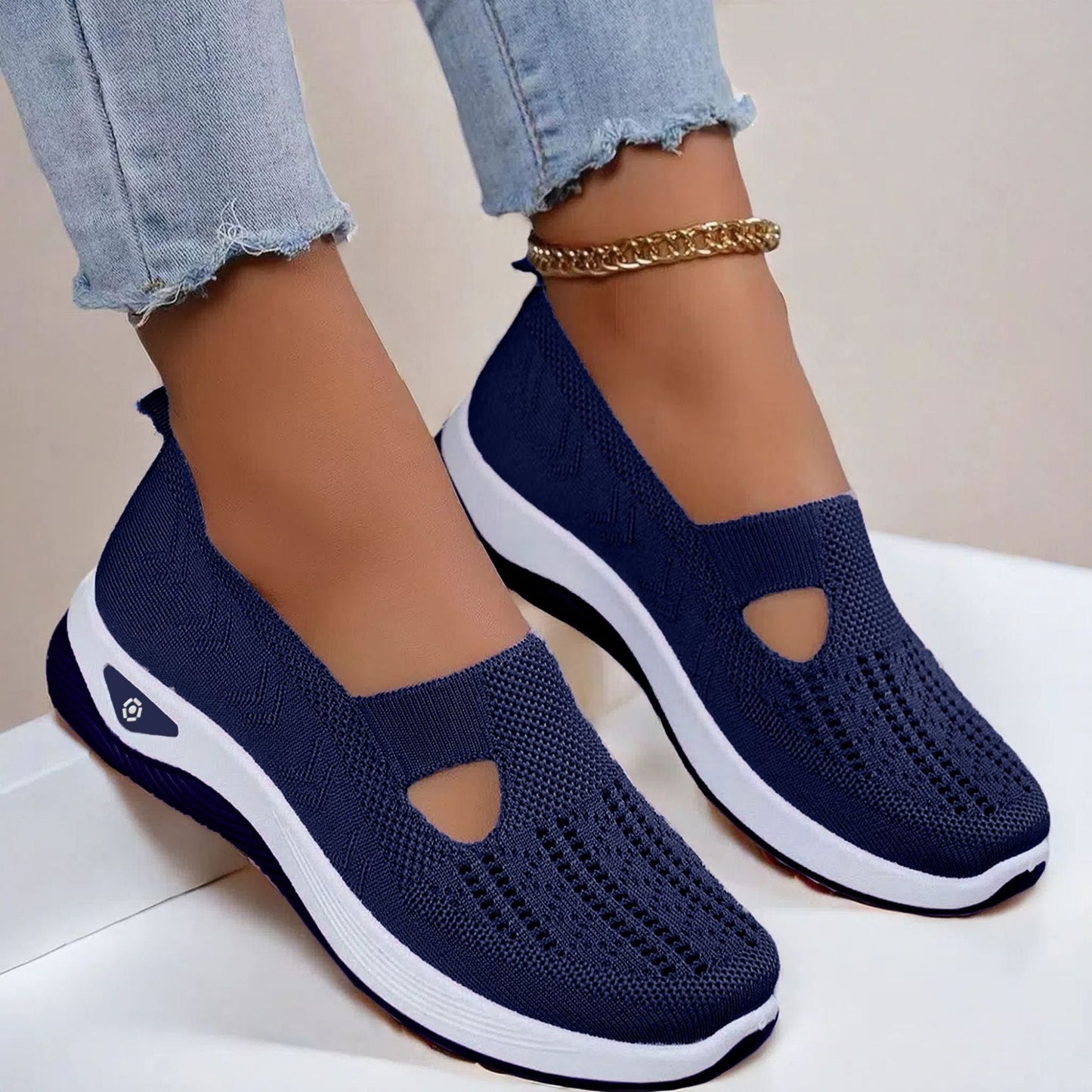 Women's navy breathable mesh flats shoes with non-slip soft sole and casual design