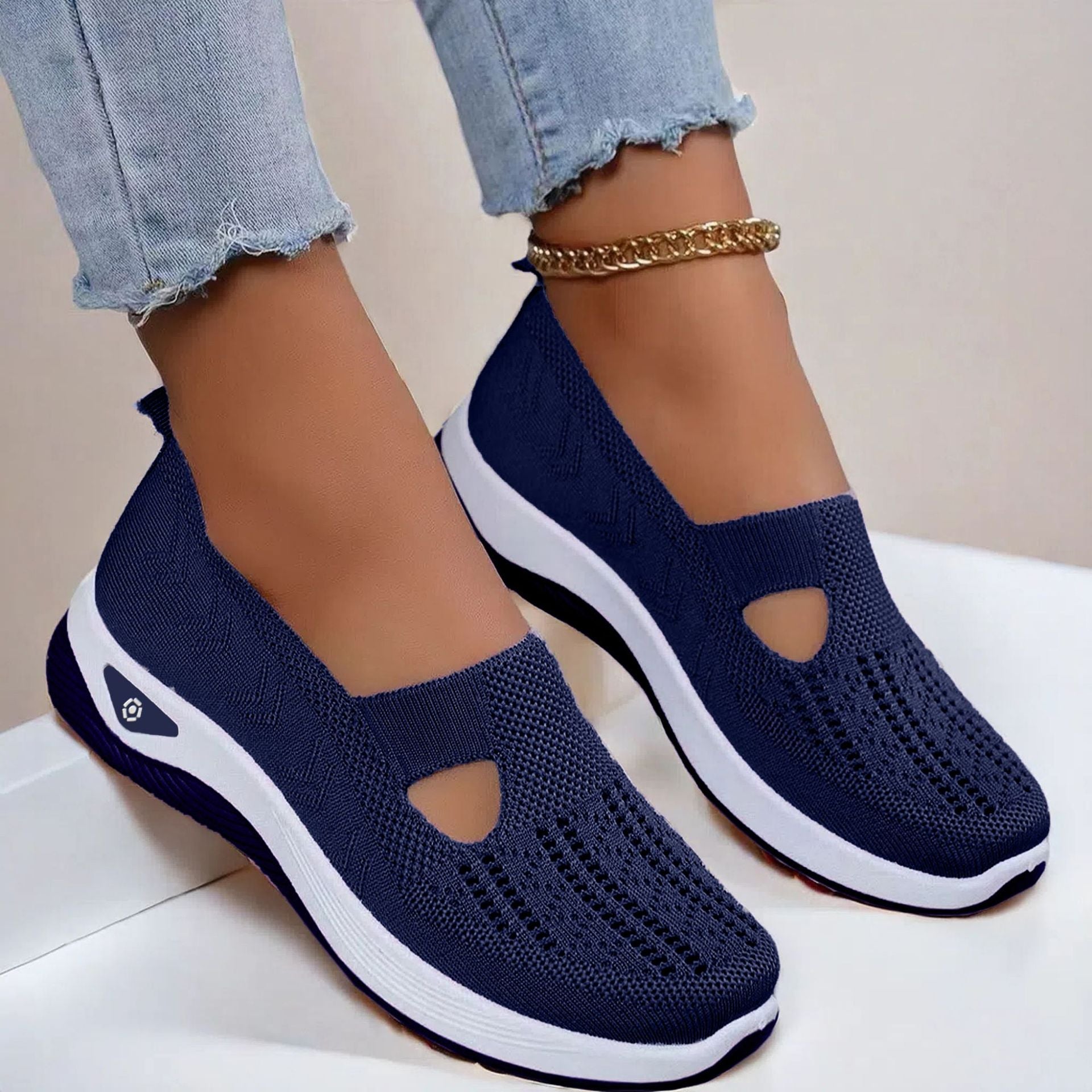 Women's navy breathable mesh flats shoes with non-slip soft sole and casual design