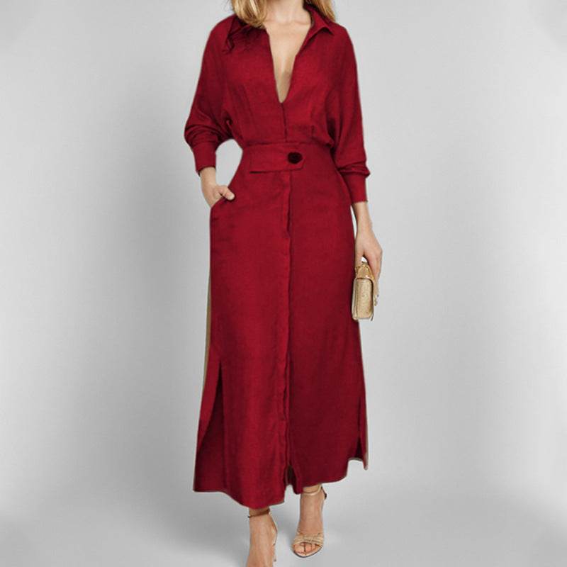 Women's elegant red tied waist solid color long-sleeved shirt dress with pockets and asymmetric skirt