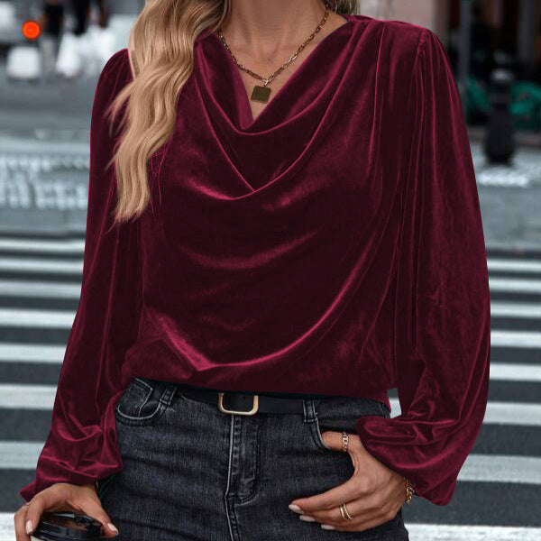 Women's pile collar long sleeve loose pullover top in wine red velvet polyester fabric