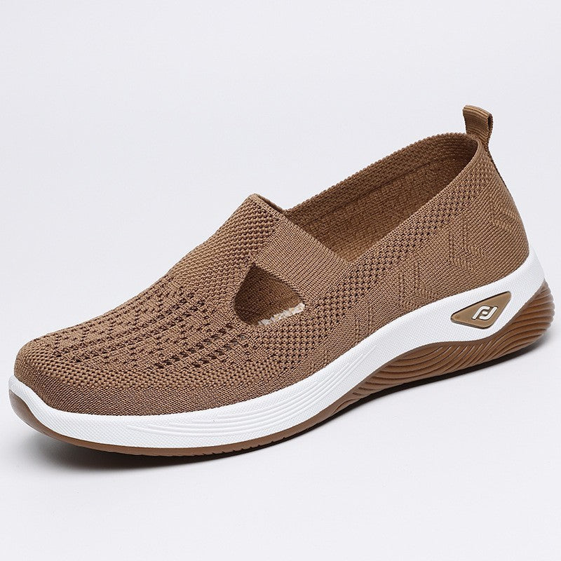 Brown summer breathable mesh slip-on casual shoes for women with white sole