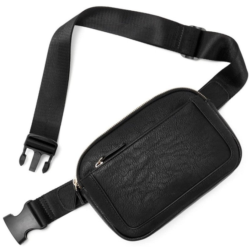Black fashion chest bag made of soft PU artificial leather with adjustable strap and zipper pocket.