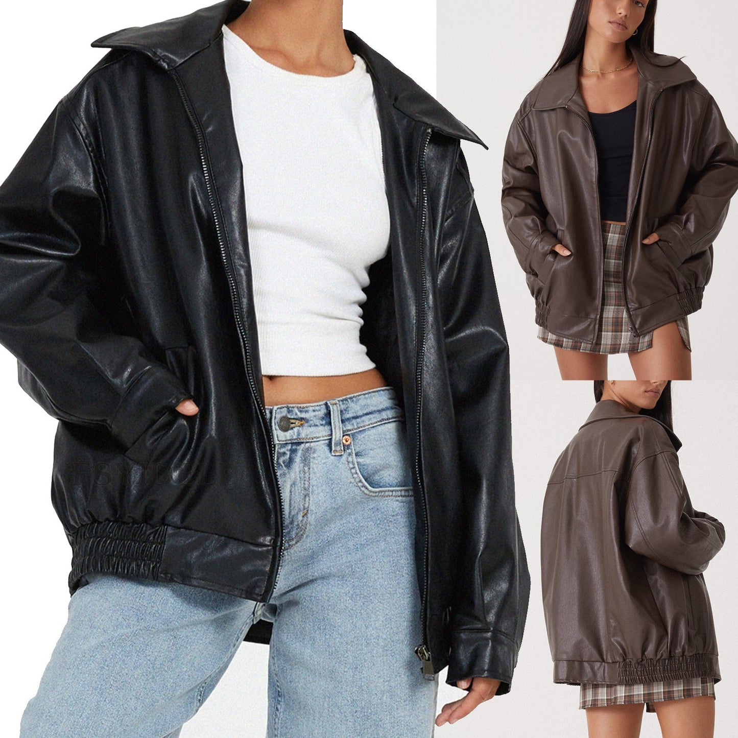 Women's locomotive style leather coat in black and brown PU imitation leather with long sleeves and regular length
