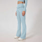High waist hip lift light blue yoga pants with flared legs and ruffle detail