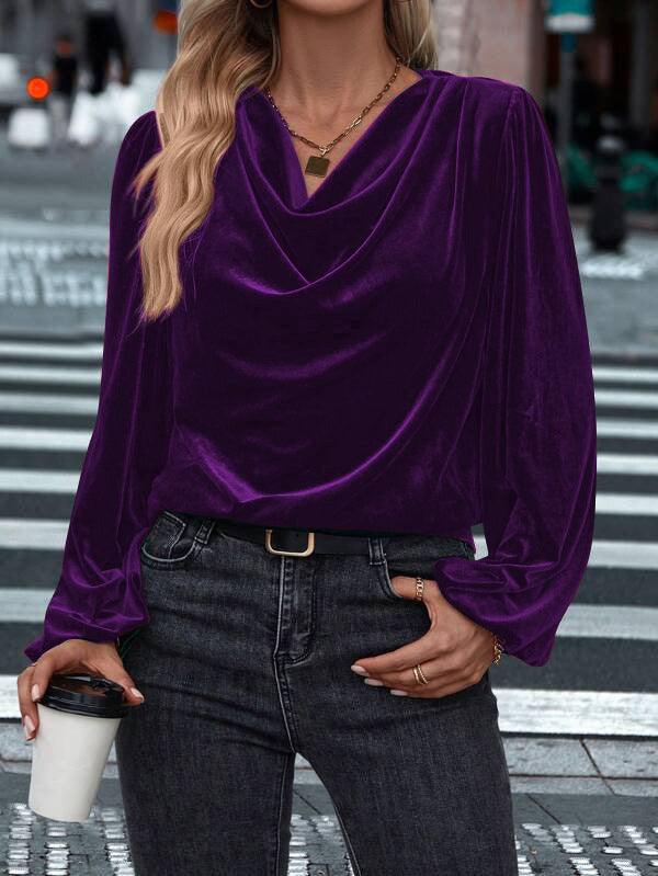 Women's pile collar long sleeve top in purple velvet fabric with loose fit and regular sleeves