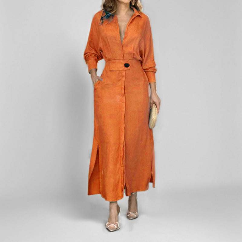 Women's elegant tied waisted long-sleeved shirt dress in solid apricot color with pockets and asymmetric long skirt